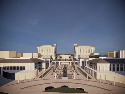 Spacious Commercial Street With Symmetrical Buildings Pedestrian Walkway And Fountains 3d model