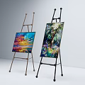 Vibrant Landscape Paintings on Easels with Sunset Sky and Forest Flowers