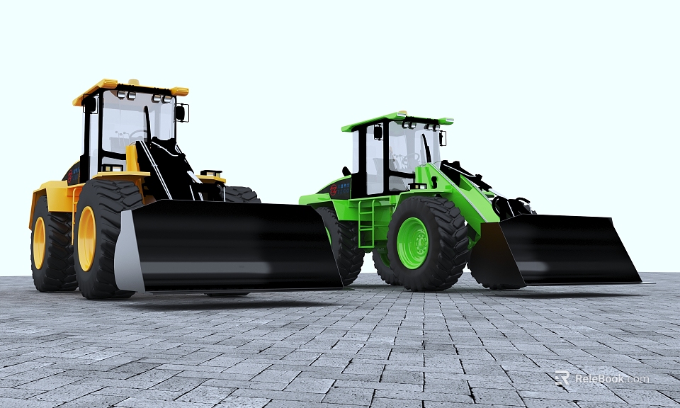 Yellow And Green Utility Vehicles With Large Buckets On Paved Ground 3d model 