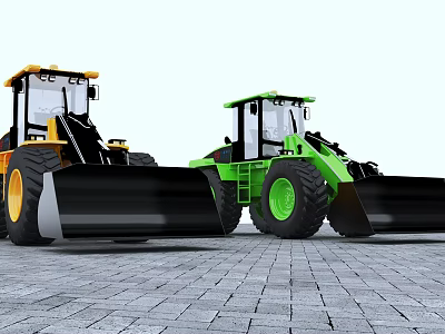 Yellow And Green Utility Vehicles With Large Buckets On Paved Ground 3d model