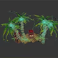 Cartoon Scene With Palm Trees Small Houses Red And Brown Roofs On Brick Platform