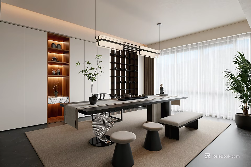Modern Tea Room Interior Design With Long Tea Table Round Stools And Decorative Plants 3d model