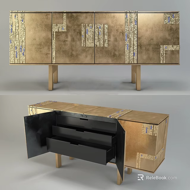 Golden Textured Console Cabinet With Decorative Patterns And Open Black Drawers 3d model 