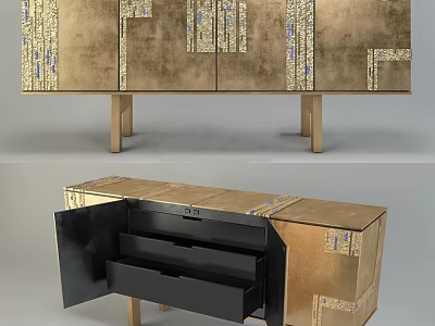 Golden Textured Console Cabinet With Decorative Patterns And Open Black Drawers 3d model