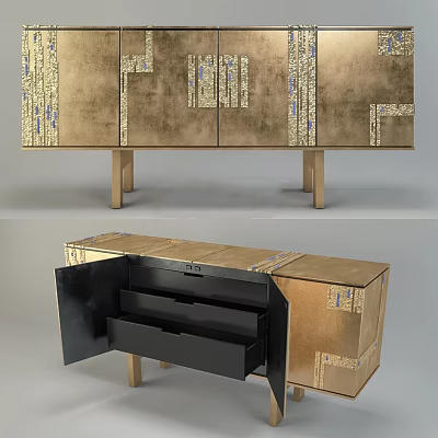 Golden Textured Console Cabinet With Decorative Patterns And Open Black Drawers 3d model