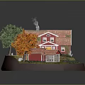 Modern House Model Scene With Red Roof Building And Colorful Trees On Lawn