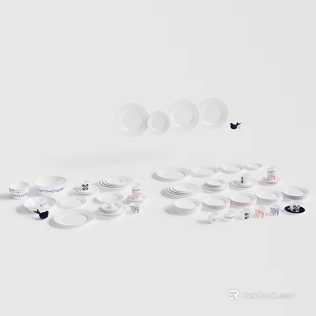 Complete White Dinnerware Set Including Plates Bowls Cups And Decorative Pieces 3d model 