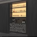 Modern Wine Cabinet With Glass Shelves Wine Glasses Wine Bottles And Patterned Drawers