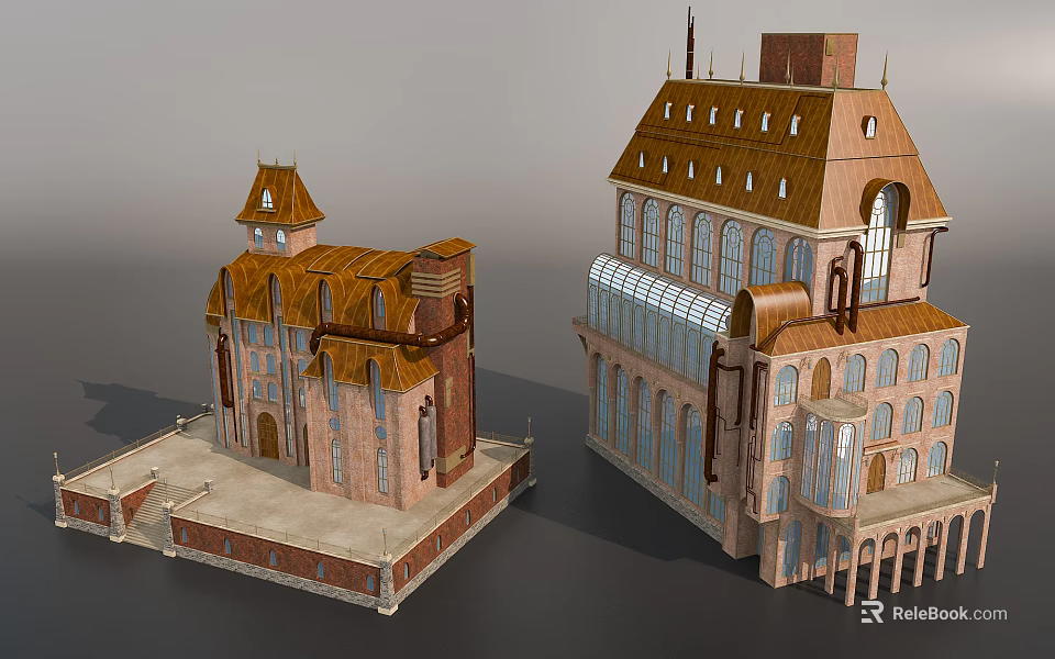 European Style Architecture Model With Spire Tower Arched Windows And Brown Roof 3d model 