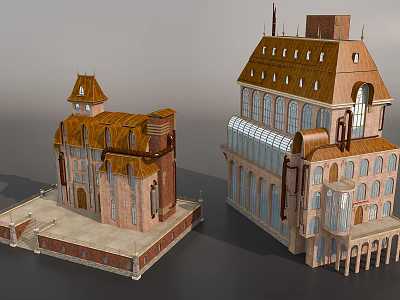 European Style Architecture Model With Spire Tower Arched Windows And Brown Roof 3d model