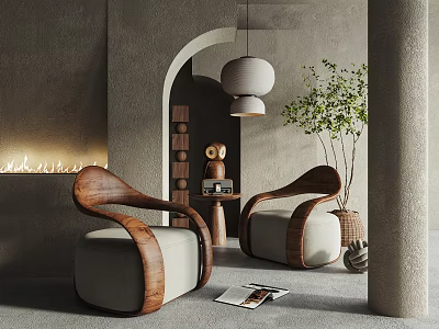 Modern Leisure Sofa Set With Curved Wooden Arms In Minimalist Interior With Potted Plant And Hanging Lamp 3d model