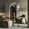 Modern Leisure Sofa Set With Curved Wooden Arms In Minimalist Interior With Potted Plant And Hanging Lamp