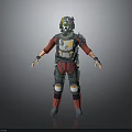 Futuristic Armored Character With Green Gold Helmet And Red Gray Body Armor