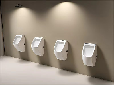 Modern White Urinals Mounted on Beige Wall in Public Restroom with Overhead Lighting 3d model