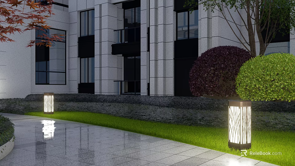 Contemporary Outdoor Lights Illuminate Modern Building Garden With Lawn And Trees 3d model 