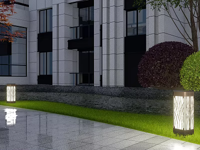 Contemporary Outdoor Lights Illuminate Modern Building Garden With Lawn And Trees 3d model