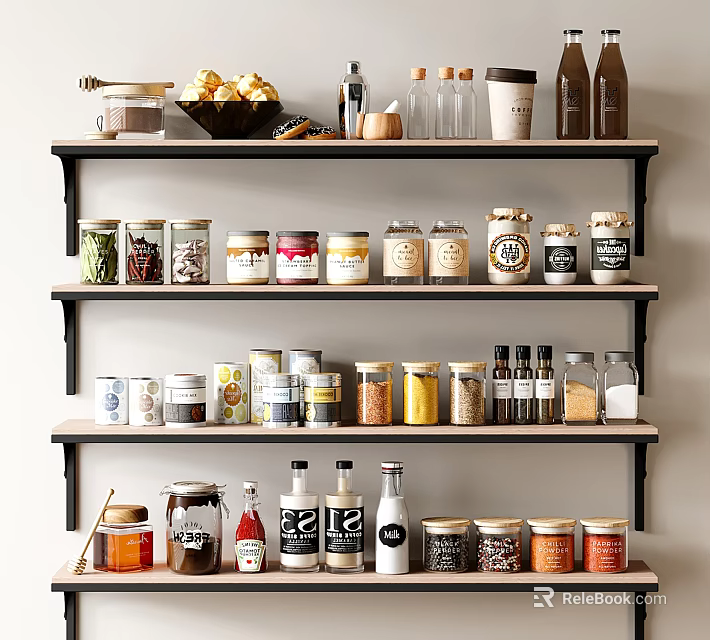 Organized Kitchen Shelves Displaying Various Spice Bottles And Seasoning Jars 3d model 