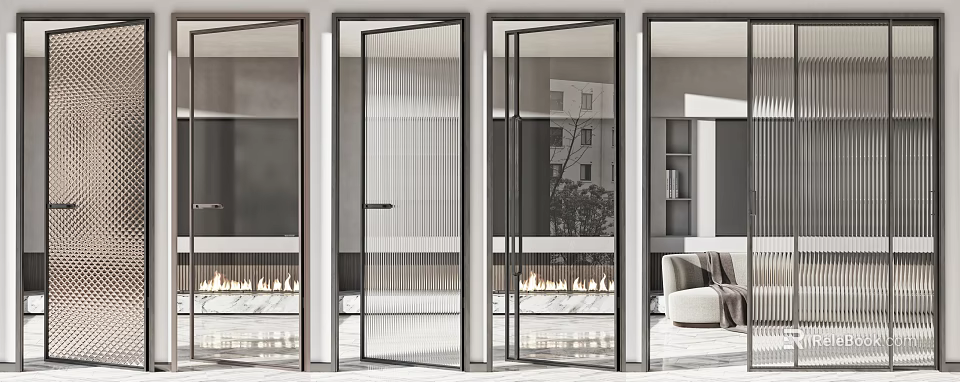 Modern Interior Swing Door Design With Glass Panel And Black Frame 3d model