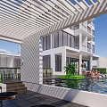 Modern White Detached Villa With Large Glass Windows Balconies And Palm Trees Outdoor Leisure Area