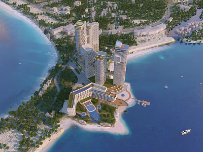 Luxury Hotel Building on Seaside Island with Modern Skyscrapers Beachfront Greenery and Blue Ocean View 3d model