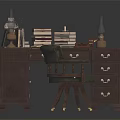 Vintage Wooden Desk and Chair with Stacked Books Table Lamp and Ink Bottle