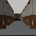 Elegant Modern Hotel Corridor With Wooden Panels Stone Walls Pendant Lights And Polished Floor