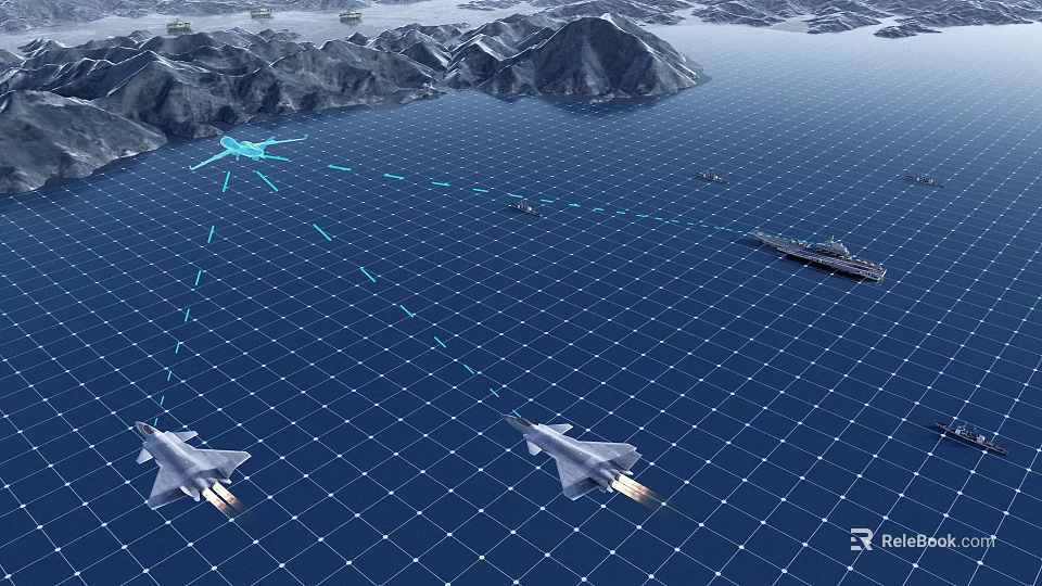 Fighter Jets Flying Over Ocean With Aircraft Carrier Mountain Terrain And Missile Trails 3d model 