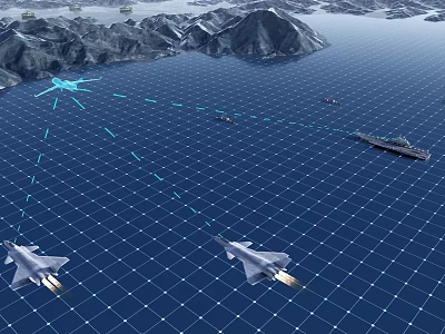 Fighter Jets Flying Over Ocean With Aircraft Carrier Mountain Terrain And Missile Trails 3d model