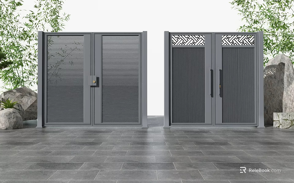 Modern Gray Front Entrance Door Design Featuring Louvered And Carved Pattern With Green Plants 3d model 