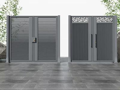 Modern Gray Front Entrance Door Design Featuring Louvered And Carved Pattern With Green Plants 3d model