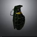 Military Hand Grenade With Green Ribbed Surface Yellow Stripe Fuse And Metal Pin