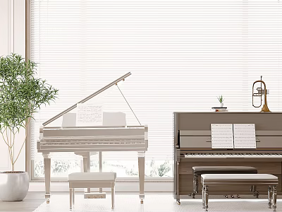 Elegant Music Room Interior With Two Pianos Music Sheets Benches Plant Lamp And White Blinds 3d model