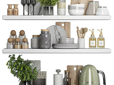 Stylish Kitchen Open Shelves Displaying Various Kitchenware Tableware Plants Glass Jars And Wooden Cutting Board 3d model