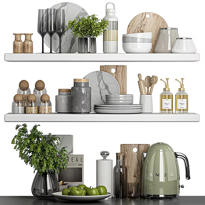 Stylish Kitchen Open Shelves Displaying Various Kitchenware Tableware Plants Glass Jars And Wooden Cutting Board 3d model