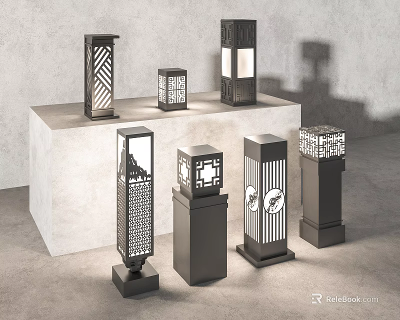 Various Modern Outdoor Lights With Perforated Patterns For Garden Decoration 3d model 