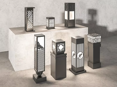 Various Modern Outdoor Lights With Perforated Patterns For Garden Decoration 3d model