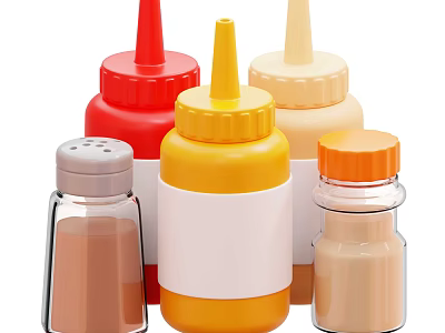 Colorful Kitchen Condiment Bottles with Squeeze Tops and Spice Jars 3d model