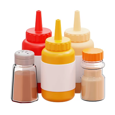 Colorful Kitchen Condiment Bottles with Squeeze Tops and Spice Jars 3d model