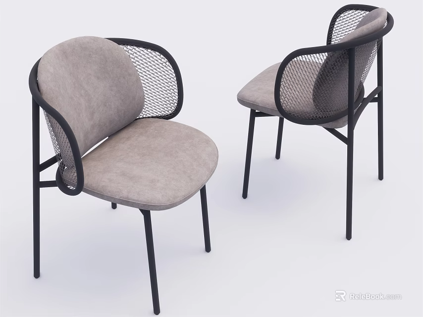 Modern Dining Chairs With Black Metal Frame Gray Padded Seat Armrests And Mesh Backrest Design 3d model 