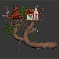 Enchanting Fairy Tale Treehouse Structure With Red Roof Wooden Details Green Plants And Pink Flowers