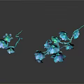 Blue Flowers With Multiple Petals On Branches With Leaves Against Dark Background And Reflective Effect