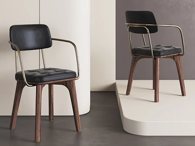Modern Dining Chairs With Black Leather Seats Golden Armrests And Wooden Legs 3d model
