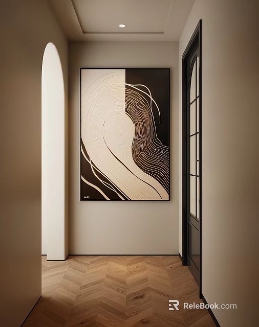 Abstract Painting with Wavy Lines in Beige and Dark Brown on Neutral Wall Modern Interior 3d model 