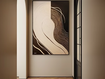 Abstract Painting with Wavy Lines in Beige and Dark Brown on Neutral Wall Modern Interior 3d model
