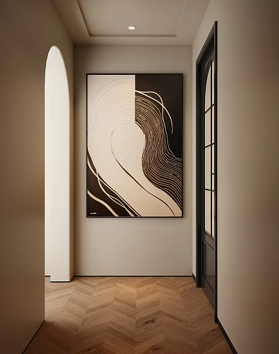 Abstract Painting with Wavy Lines in Beige and Dark Brown on Neutral Wall Modern Interior 3d model