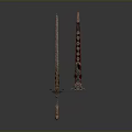 Ornate Decorative Swords With Intricate Patterns And Red Embellished Scabbard