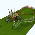 Outdoor Playground Equipment With Green Lawn Climbing Frames Slide And Orange Elements 3d model
