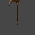 Ancient Bronze Axe With Curved Blade Long Handle Black Wrapped Section And Red Gemstone