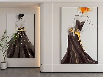 Elegant Female Figure Paintings On White Wall With Long Dresses Gold Accents And Green Plant 3d model