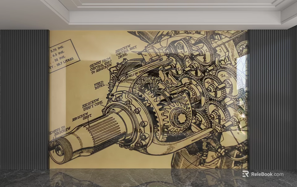 Vintage Mechanical Gears Background Wall Design With Engineering Drawings And Decorative Patterns 3d model 